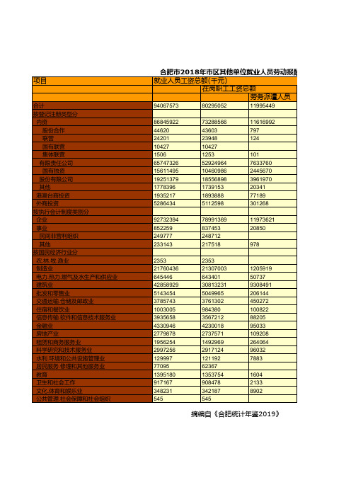 合肥市社会经济发展统计年鉴指标数据：2018年市区其他单位就业人员劳动报酬统计