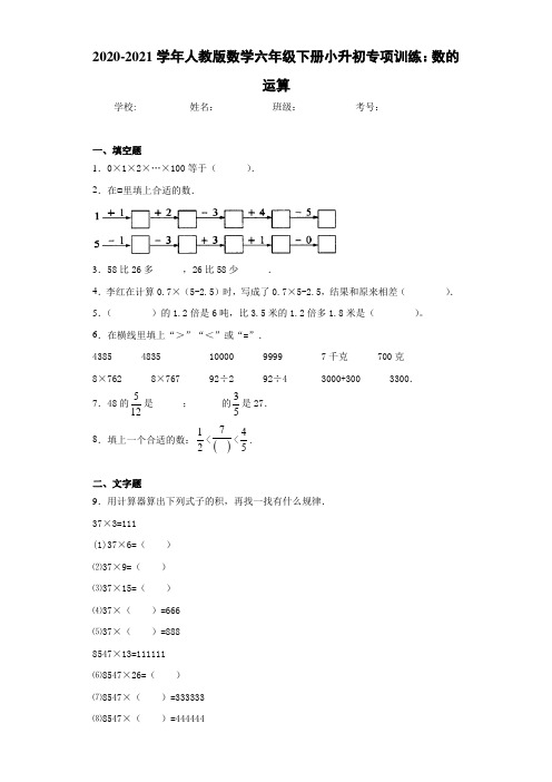 2020-2021学年人教版数学六年级下册小升初专项训练：数的运算