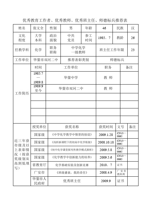 优秀教育工作者、优秀教师、优秀班主任、师德标兵推荐表