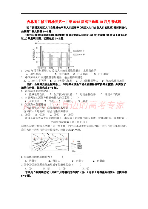 吉林省白城市通榆县第一中学2018届高三地理12月月考试题