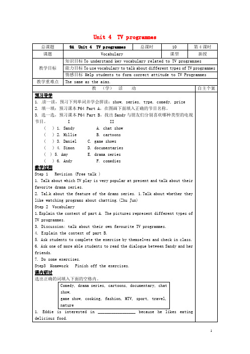 江苏省东台市南沈灶镇中学九年级英语上册《Unit 4 TV programmes》Vocabulary教学案(无答案) 牛津版