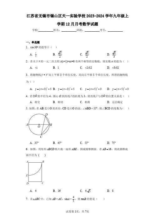 江苏省无锡市锡山区天一实验学校2023-2024学年九年级上学期12月月考数学试题