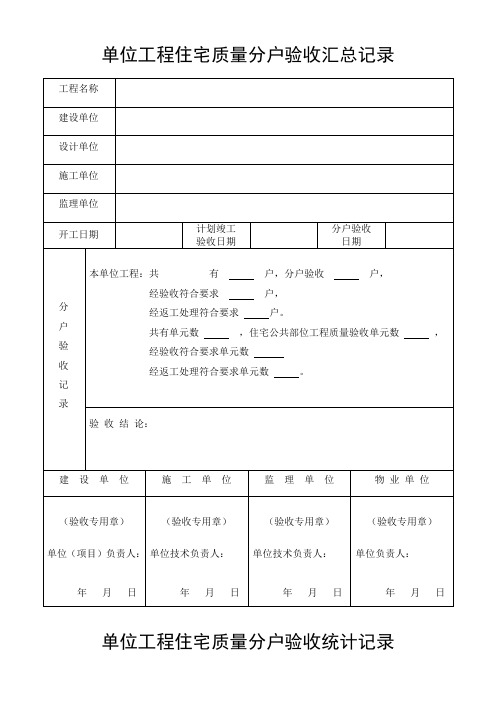 单位工程住宅质量分户验收汇总记录