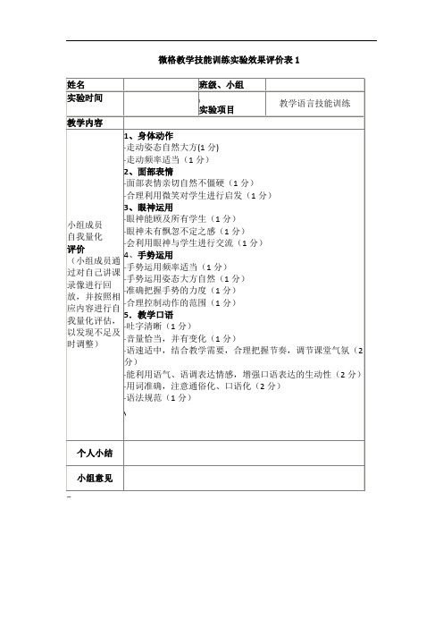 微格教学技能训练实验效果评价表