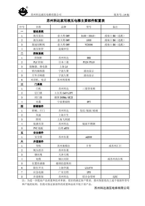 苏州科达家用液压电梯主要部件配置表