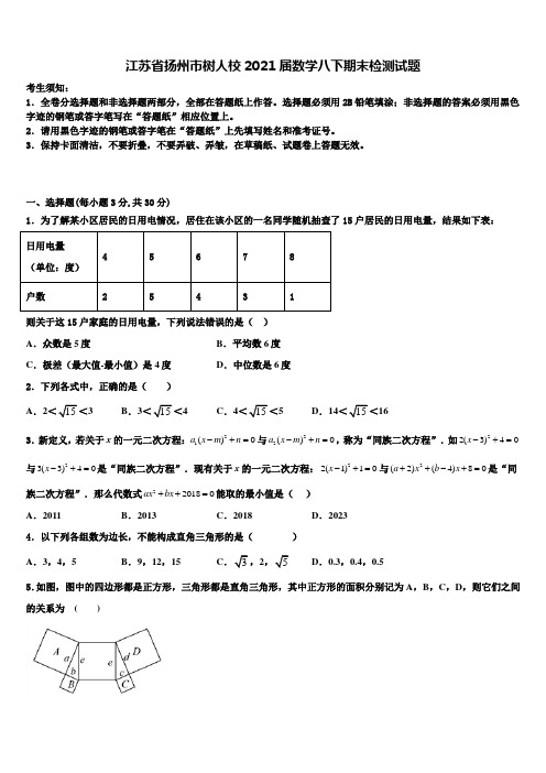 江苏省扬州市树人校2021届数学八下期末检测试题含解析