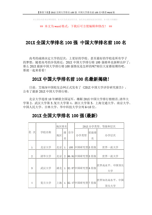 【推荐下载】201X全国大学排名100强 中国大学排名前100名-推荐word版 (10页)