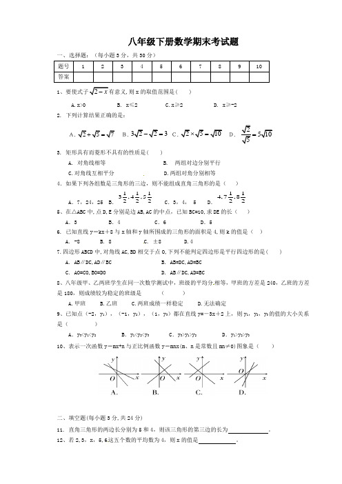 平凉市崆峒区2014-2015年八年级下期末考试数学试题及答案