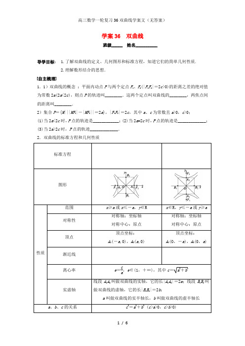 高三数学一轮复习36双曲线学案文(无答案)