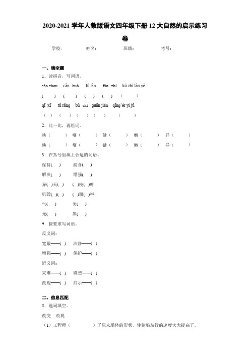 2020-2021学年人教版语文四年级下册12大自然的启示练习卷