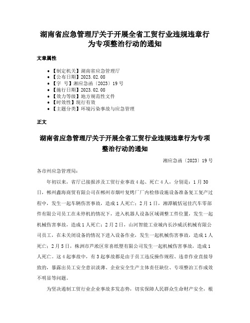 湖南省应急管理厅关于开展全省工贸行业违规违章行为专项整治行动的通知