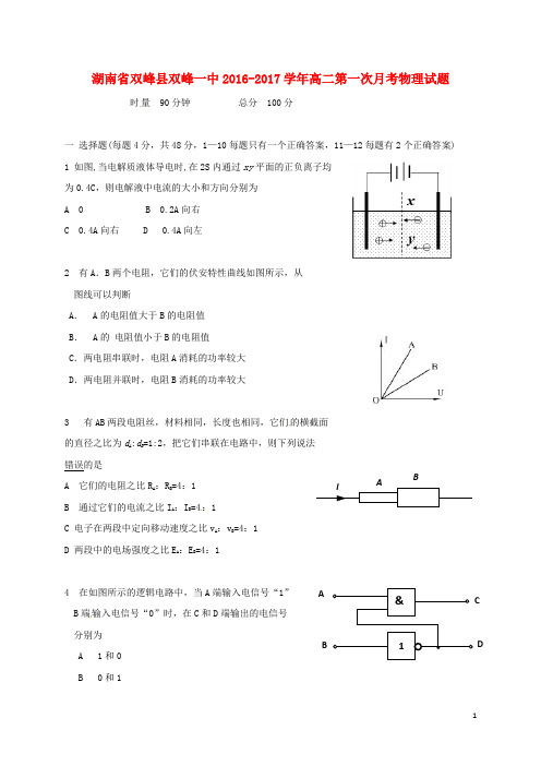 湖南省双峰县第一中学高二物理上学期第一次月考试题(无答案)