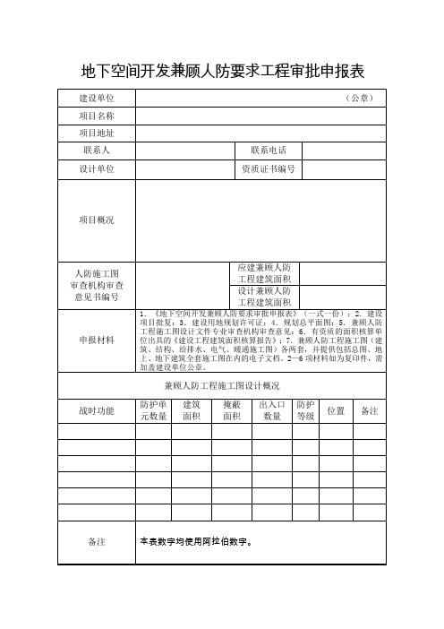 地下空间开发兼顾人防要求工程审批申报表