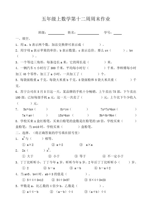 五年级上册数学试题：第12周周末作业(无答案,人教版)