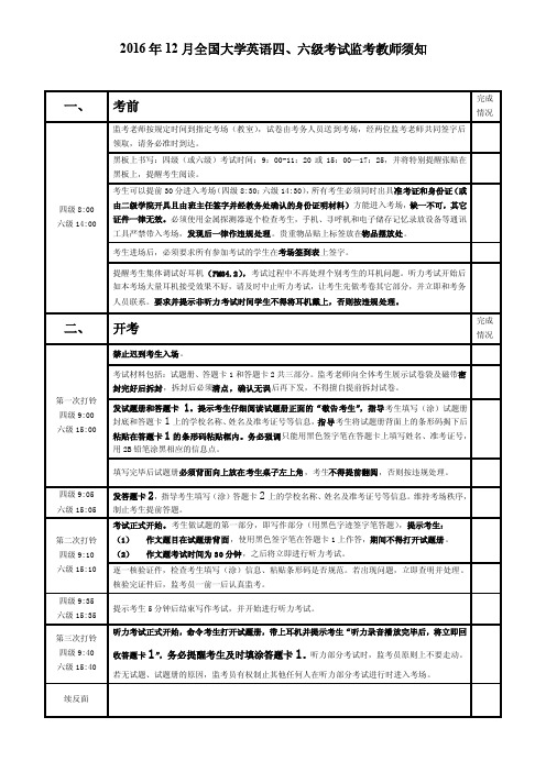 2016年12月全国大学英语四、六级考试监考教师须知