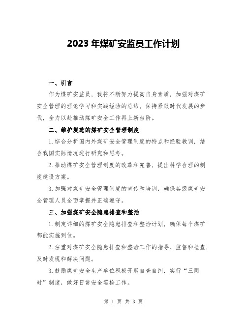 2023年煤矿安监员工作计划