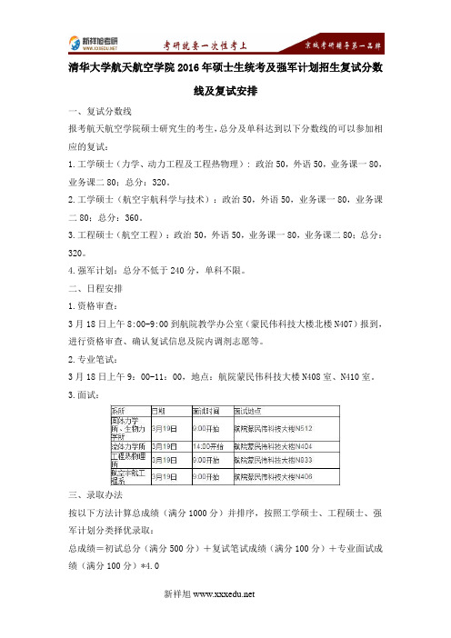 新祥旭考研辅导学校-2016年清华大学航天航空学院硕士生统考及强军计划招生复试分数线及复试安排