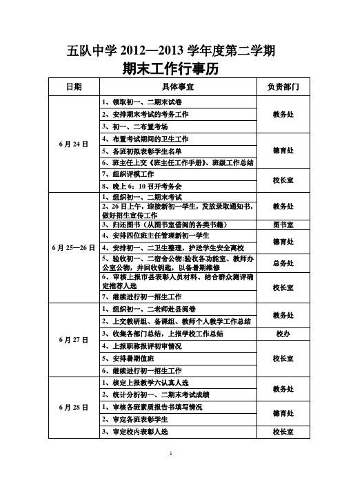 五队中学20112-2013学年度第二学期末工作行事历