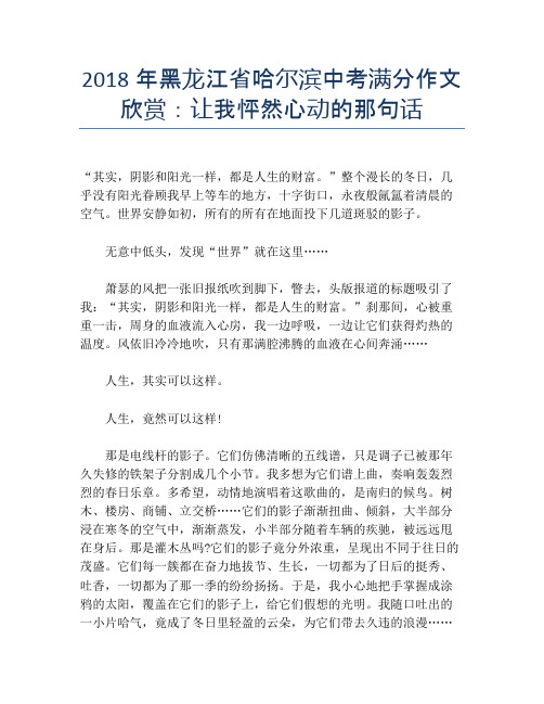 2018年黑龙江省哈尔滨中考满分作文欣赏：让我怦然心动的那句话 (2)