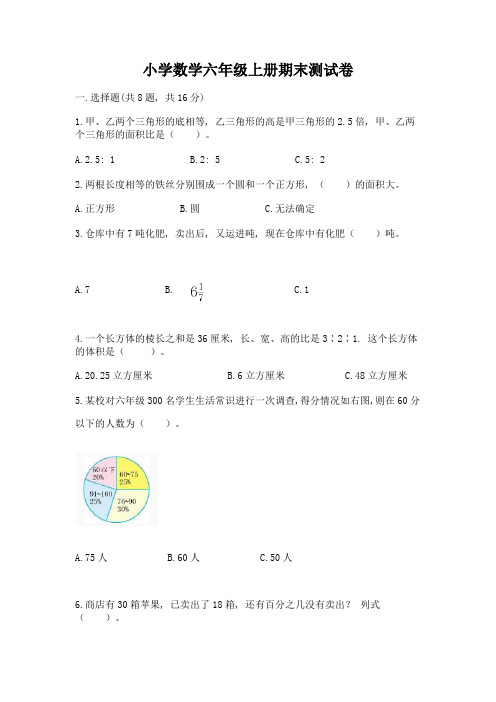 小学数学六年级上册期末测试卷含答案(精练)