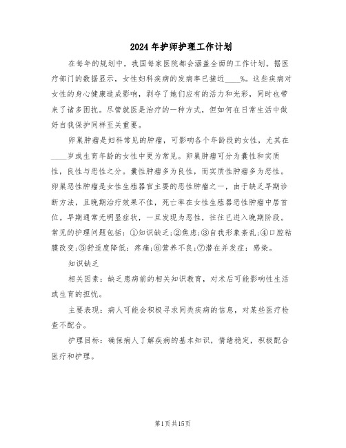 2024年护师护理工作计划（七篇）