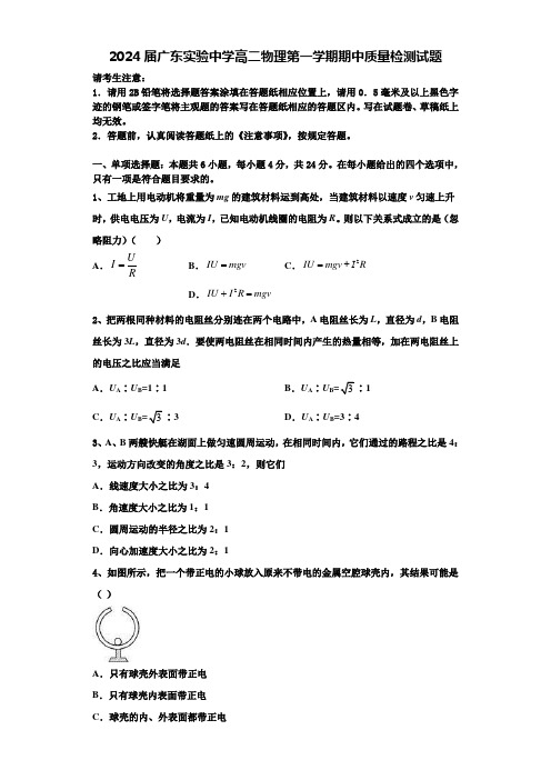 2024届广东实验中学高二物理第一学期期中质量检测试题含解析