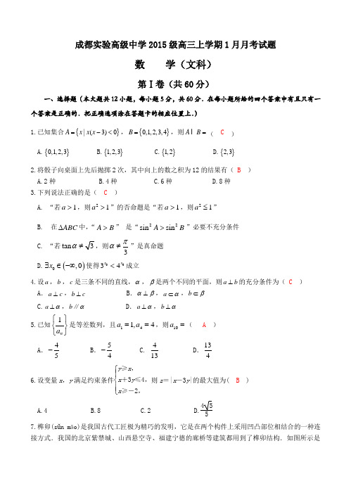 四川成都实验高级中学2018届高三上学期1月月考数学(文)试卷(含答案)