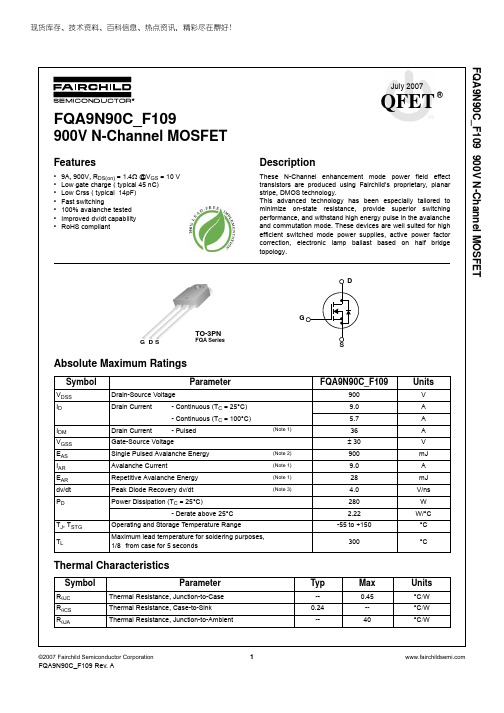 FAIRCHILD FQA9N90C_F109 900V N-Channel MOSFET 说明书