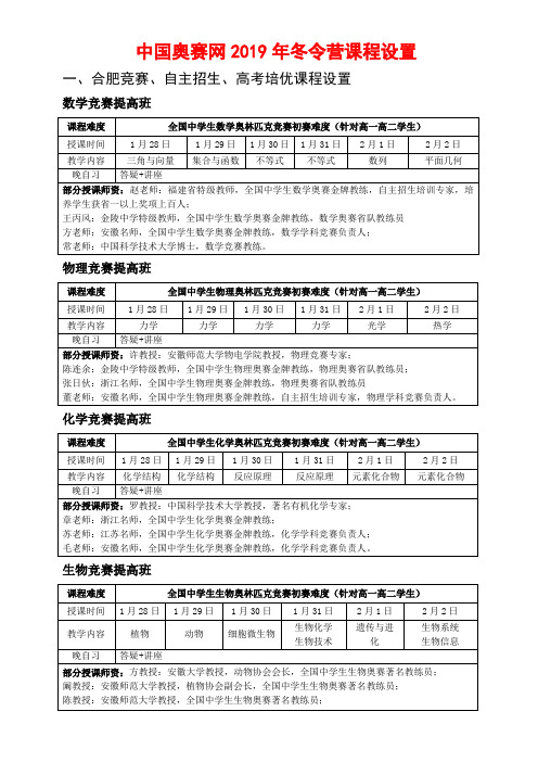 中国奥赛网2019年冬令营课程设置