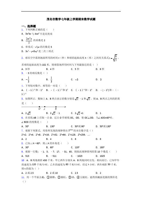 茂名市数学七年级上学期期末数学试题