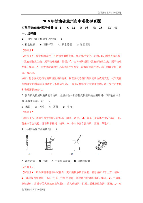 甘肃省兰州市2018年中考化学试题(解析版)