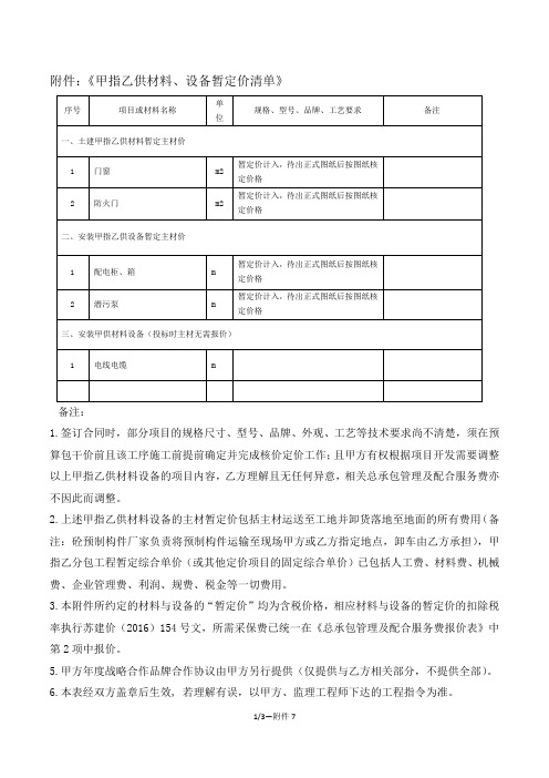 甲指乙供材料、设备暂定价清单