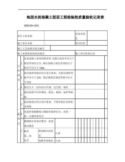 地面水泥混凝土面层工程检验批质量验收记录表