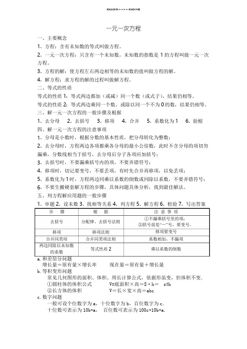 一元一次方程的基本概念、解方程步骤以及练习题