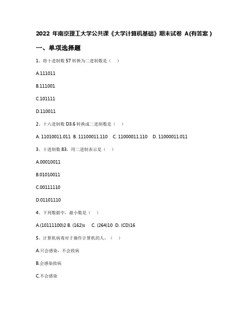 2022年南京理工大学公共课《大学计算机基础》期末试卷A(有答案)