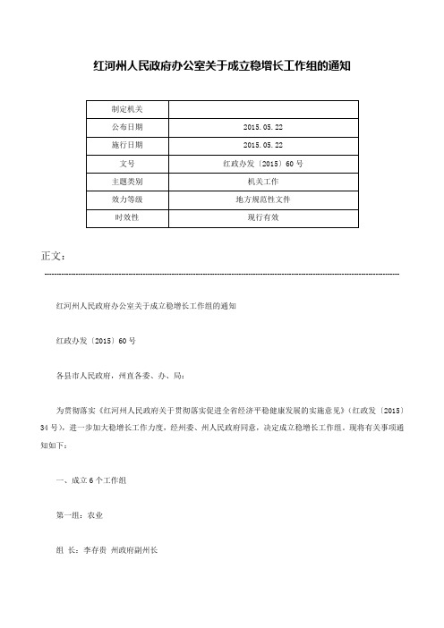 红河州人民政府办公室关于成立稳增长工作组的通知-红政办发〔2015〕60号