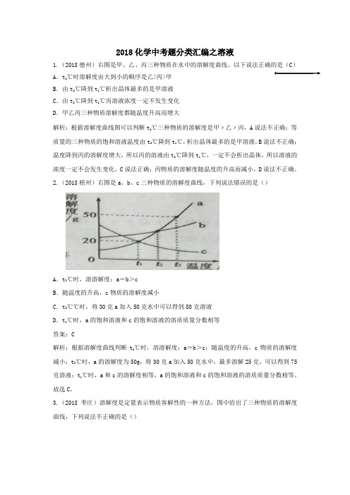 2018年中考化学真题分类汇编溶液含解析