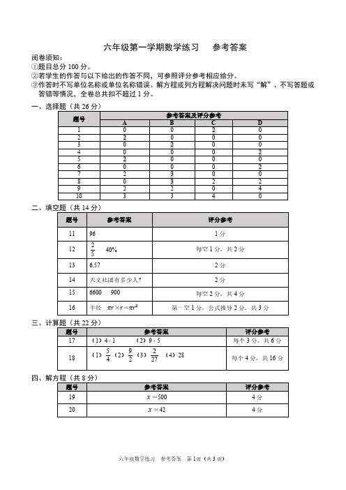 2023-2024海淀六上数学答案及评分标准