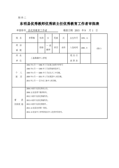 优秀教师、优秀教育工作、优秀班主任者审批表