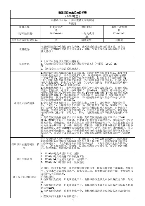 财政项目支出绩效目标表(2020年度)