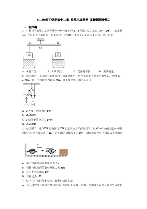 初二物理下学期第十二章 简单机械单元 易错题同步练习