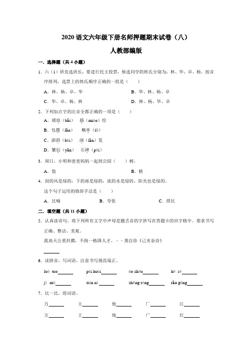 2020语文六年级下册名师押题期末试卷(八)人教部编版(含解析)