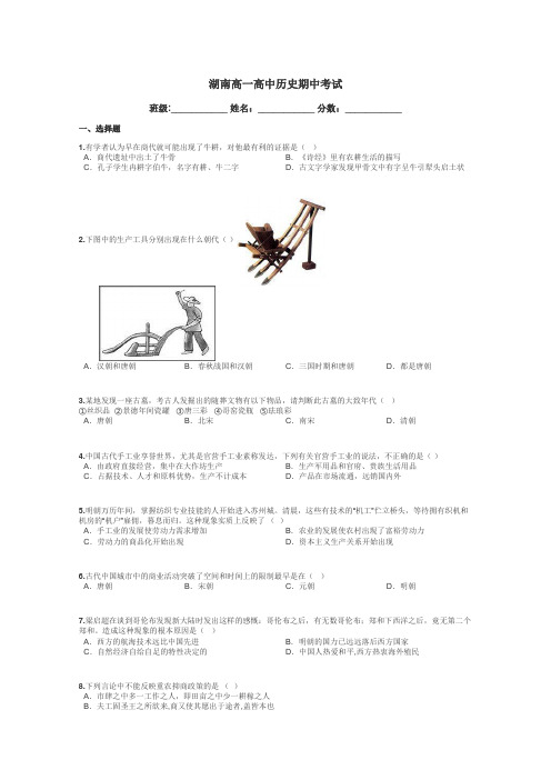 湖南高一高中历史期中考试带答案解析
