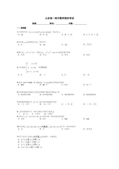 山东高一高中数学期末考试带答案解析
