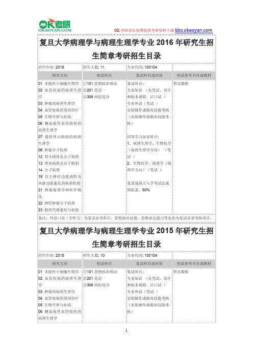 复旦大学病理学与病理生理学专业2016年研究生招生简章考研招生目录