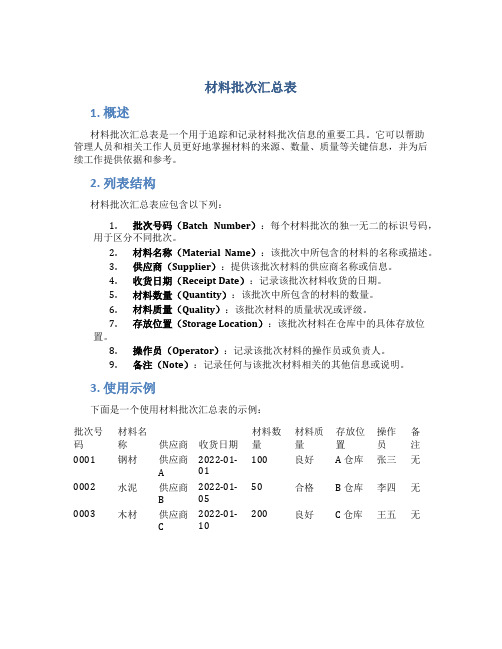 材料批次汇总表