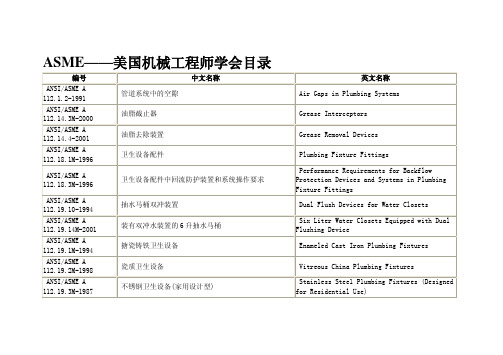 ASME标准目录(中英文对照)