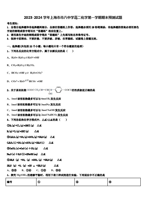 2023-2024学年上海市市八中学高二化学第一学期期末预测试题含解析