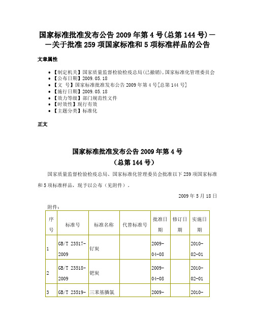 国家标准批准发布公告2009年第4号(总第144号)－－关于批准259项国家标准和5项标准样品的公告