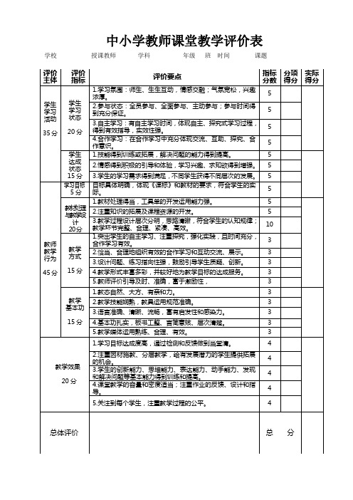 中小学课堂教学评价表